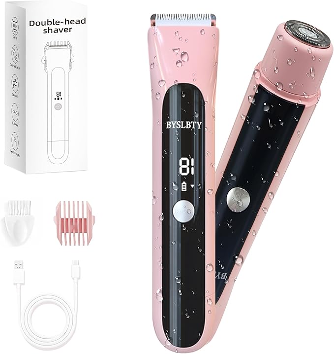 2 in 1 Bikini Trimmer for Women Dual Head Electric Shaver with LED Display,IPX7 Waterproof Wet & Dry, Painless Shaver for Underarm Leg Arm Body Face Private Area Pink-GlimoraGlow