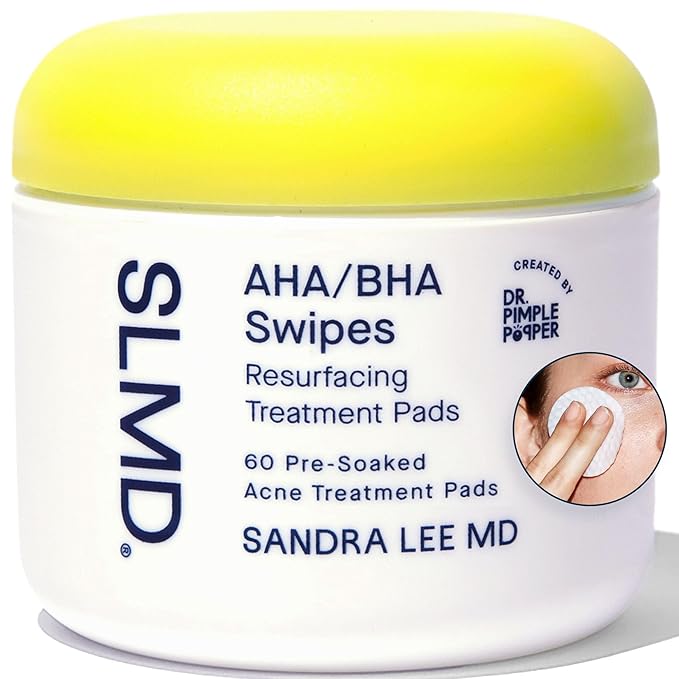 SLMD by Dr. Pimple Popper - AHA BHA Toner Pads Swipes, Salicylic Acid, Glycolic Acid & Lactic Acid - Daily Resurfacing Pads for Face & Body - Facial Exfoliating Pads Resurface, Treat, and Prevent Acne-GlimoraGlow