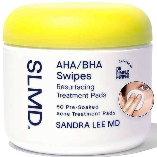 SLMD by Dr. Pimple Popper - AHA BHA Toner Pads Swipes, Salicylic Acid, Glycolic Acid & Lactic Acid - Daily Resurfacing Pads for Face & Body - Facial Exfoliating Pads Resurface, Treat, and Prevent Acne-GlimoraGlow