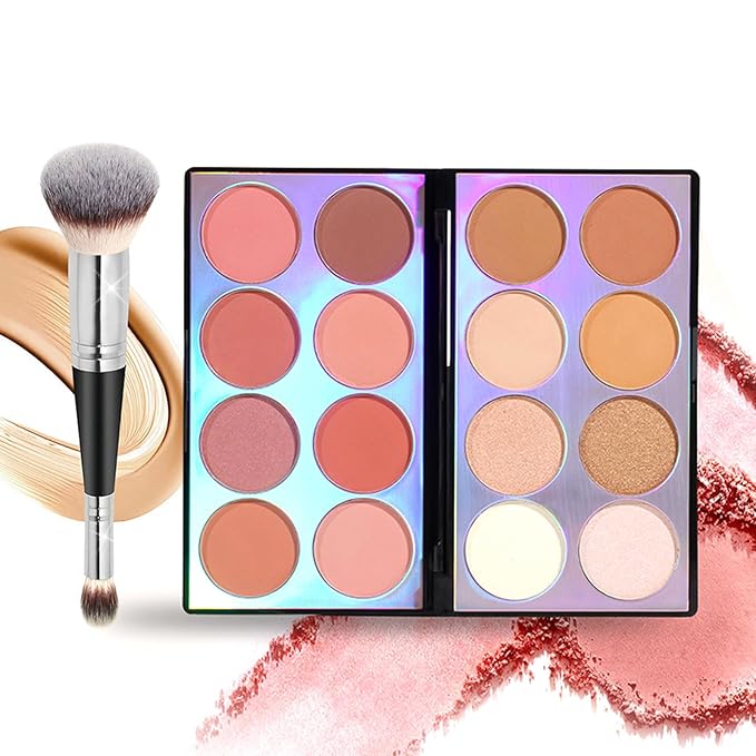 16 Colors Blush Contour Highlighter Makeup Palette with Brush, Shimmer Matte Mineral Face Blush Powder for Cheek, All in One Face Sculpting Bronzer Blusher Illuminator Concealer Palette-GlimoraGlow