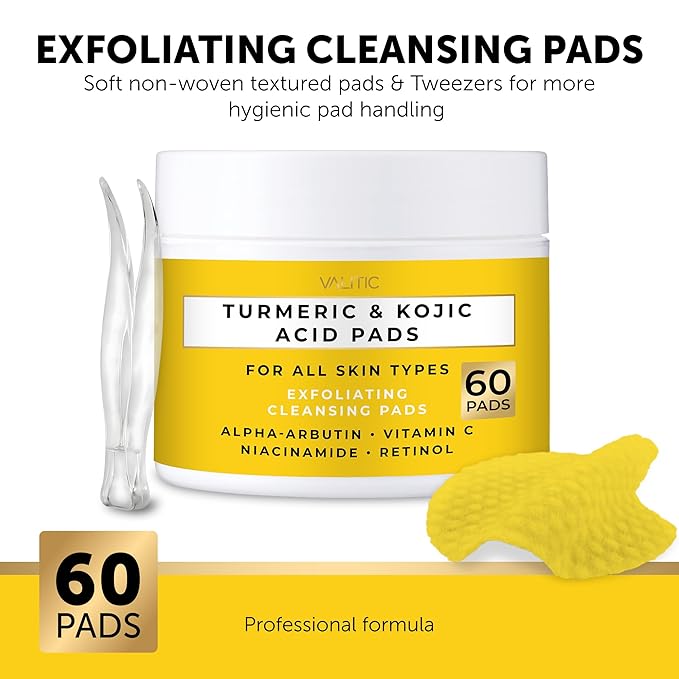VALITIC Turmeric Kojic Acid Cleansing Pads - Exfoliating Dark Spot Remover for Face with Vitamin C, Alpha Arbutin, Niacinamide and Retinol - Kojic Acid And Turmeric Cleansing Pads - 60 Units-GlimoraGlow
