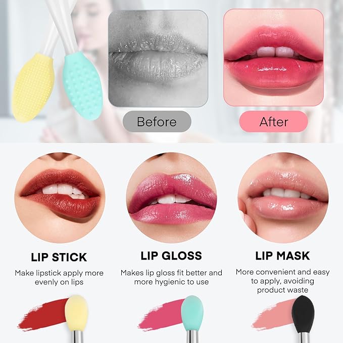 Unaone Lip Scrub Brush - 3 PCS Dual-ended Lip Scrubber Exfoliator and Silicone Lip Brush, 2-in-1 Silicone Lip Scrub Tool Lip Mask Applicator, Gentle Exfoliator & Applicator for Soft-GlimoraGlow
