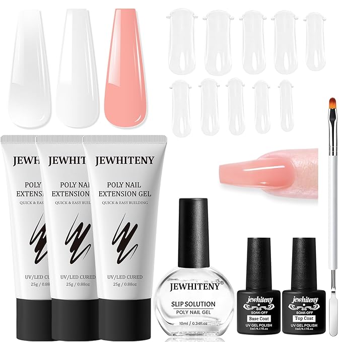 JEWHITENY Poly Nail Gel Set Clear Pink White Poly Extension Gel With Base Coat Top Coat Slip Solution French Manicure Need U V Lamp Curing for Finger Art and Home DIY-GlimoraGlow