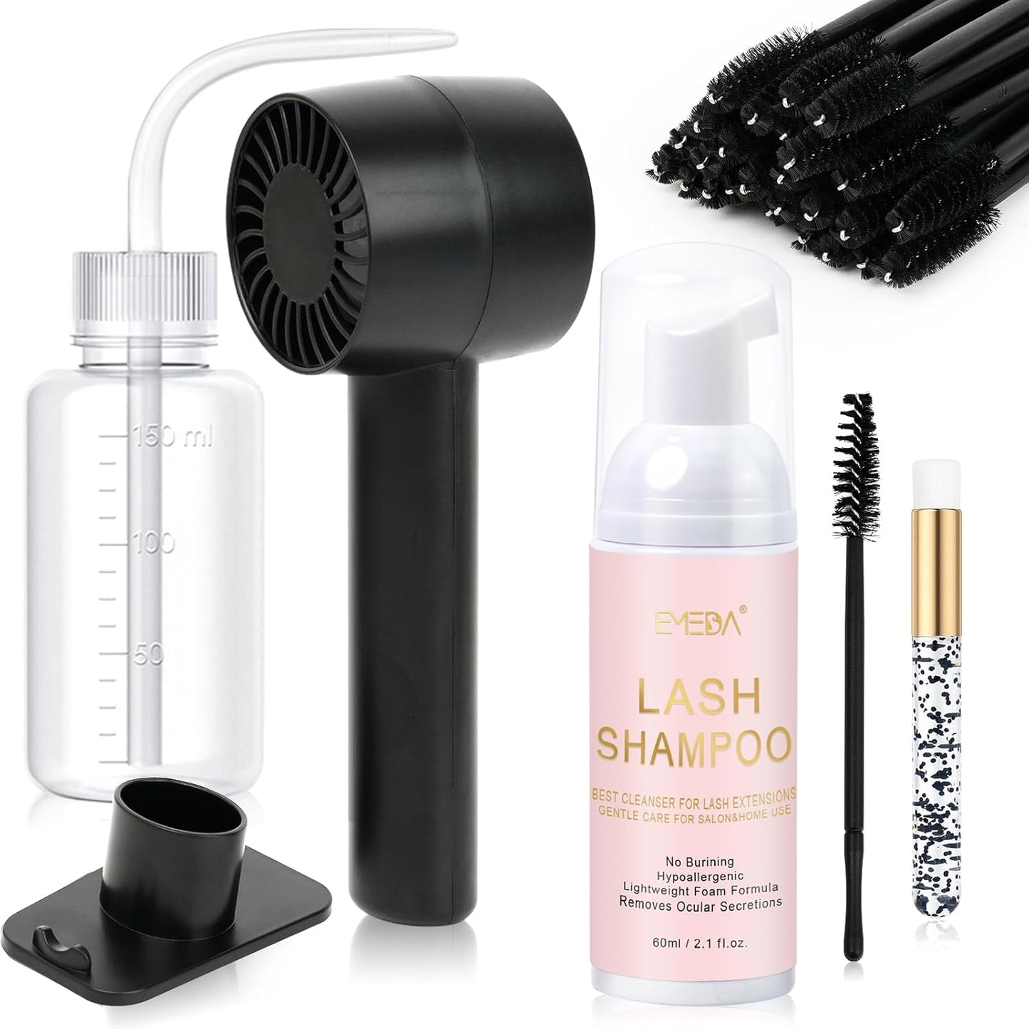 EMEDA Lash Shampoo Kit 2.02 fl oz Lash Cleaning Kit with Rechargeable Fan Dryer/Brush/Rinse Bottle, Oil-free Cleanser Wash for Extensions & Clusters & Natural Lashes, Cleaner for Eyelash Care(Black)-GlimoraGlow