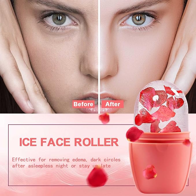 XHJRI Ice Face Roller Massager,Ice Cube Roller for Face, Eyes and Neck Naturally Conditioning and Skin Care,De-Puff Eye Bags,Reduce Migraine Pain,Reusable Massage Silicone Ice Mold (New Pink)-GlimoraGlow