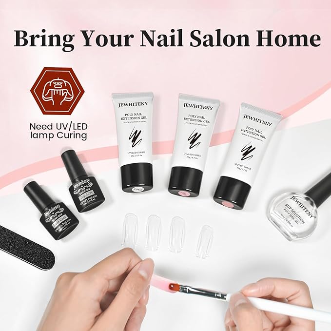 JEWHITENY Poly Extension Gel Nail Set Clear Pink Poly Nail Gel With Slip Solution Base Coat Top Coat French Manicure Need U V Lamp Curing for Finger Art and Home DIY-GlimoraGlow