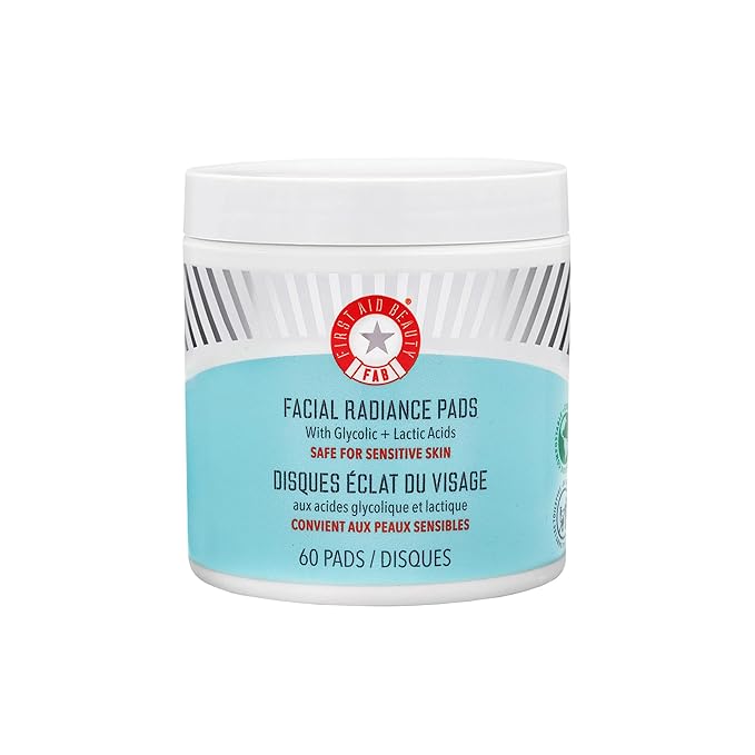 First Aid Beauty - Facial Radiance Pads with Glycolic & Lactic Acids, Daily Exfoliating Pads with AHA that Help Tone & Brighten Skin, One-Step Makeup Prep, Compostable for Daily Use, 60 ct-GlimoraGlow