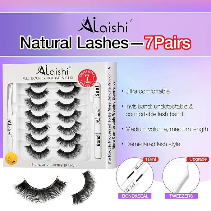 Fluffy False Eyelashes Kit With Bond, Seal and Tweezer, 7 Pairs Natural Look Fake Cat Eye Lashes Strips Thin Band Extensions Waterproof Easy Eyelashes for Beginners DF79-GlimoraGlow