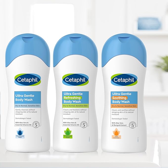 Cetaphil Ultra Gentle Refreshing Body Wash, For Dry To Normal, Sensitive Skin, Aloe Vera, Vitamin B5, Hypoallergenic, Dermatologist Tested, Fragrance Free, 16.9oz Pack of 3-GlimoraGlow