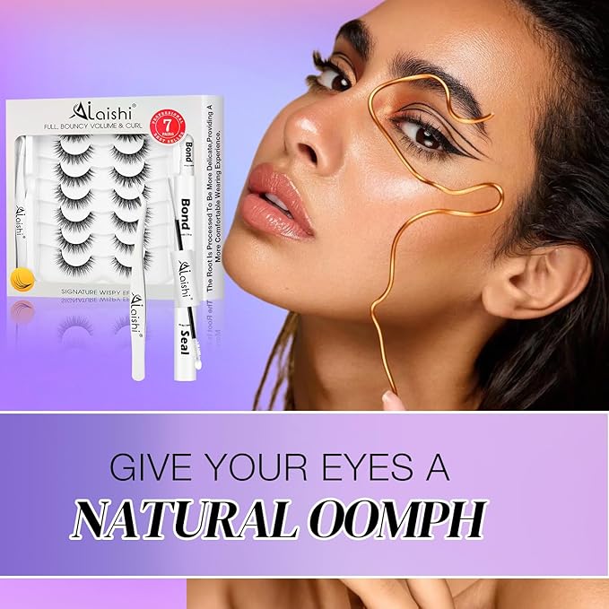 Wispy False Eyelashes Kit With Bond, Seal and Tweezer, 7 Pairs Natural Look Fake Cat Eye Lashes Strips Thin Band Extensions Waterproof Easy Eyelashes for Beginners RQ01-GlimoraGlow