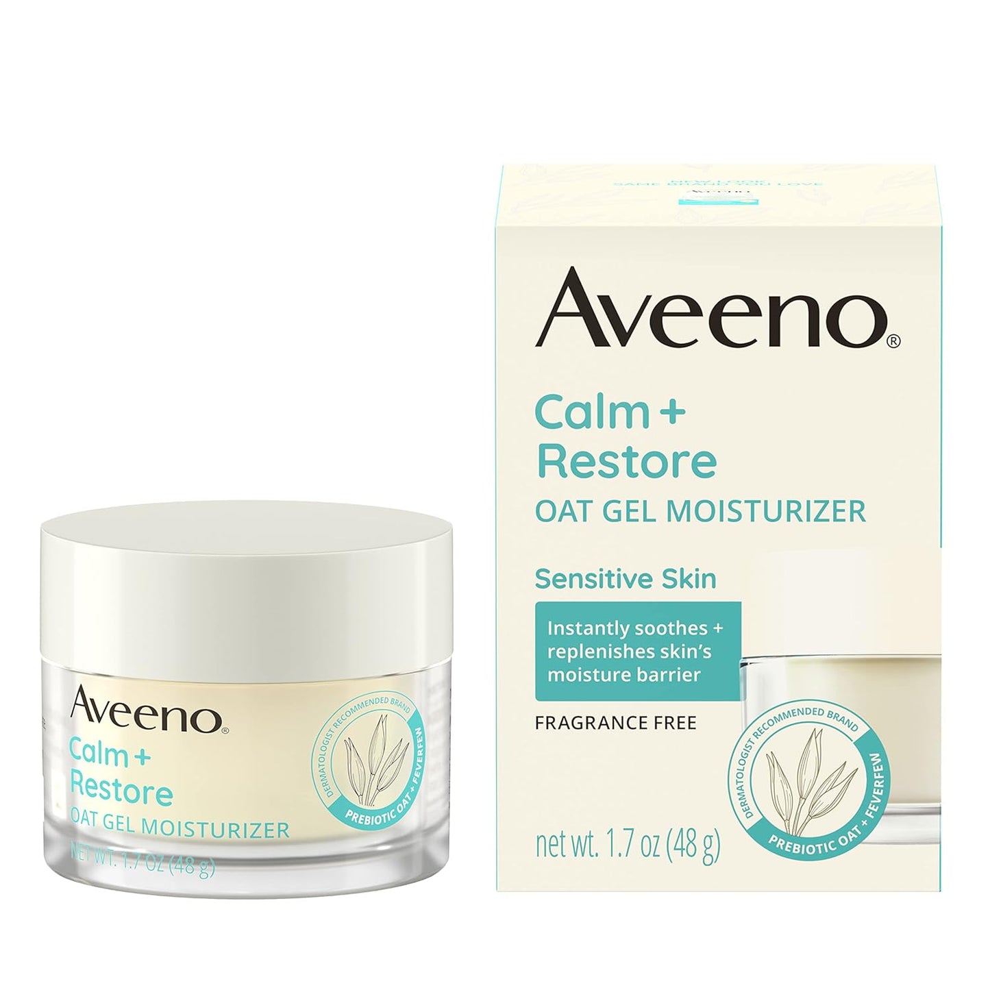 Aveeno Calm + Restore Oat Gel Facial Moisturizer for Sensitive Skin, Fast-Absorbing, Soothing Lightweight Gel Cream with Prebiotic Oat & Feverfew, Fragrance-Free & Hypoallergenic, 1.7 oz-GlimoraGlow