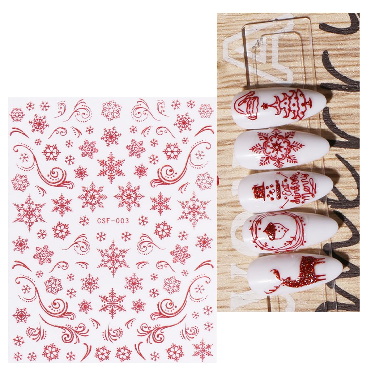 JMEOWIO 9 Sheets Christmas Glitter Nail Art Stickers Decals Self-Adhesive Red Nail Supplies Nail Art Design Decoration Accessories-GlimoraGlow