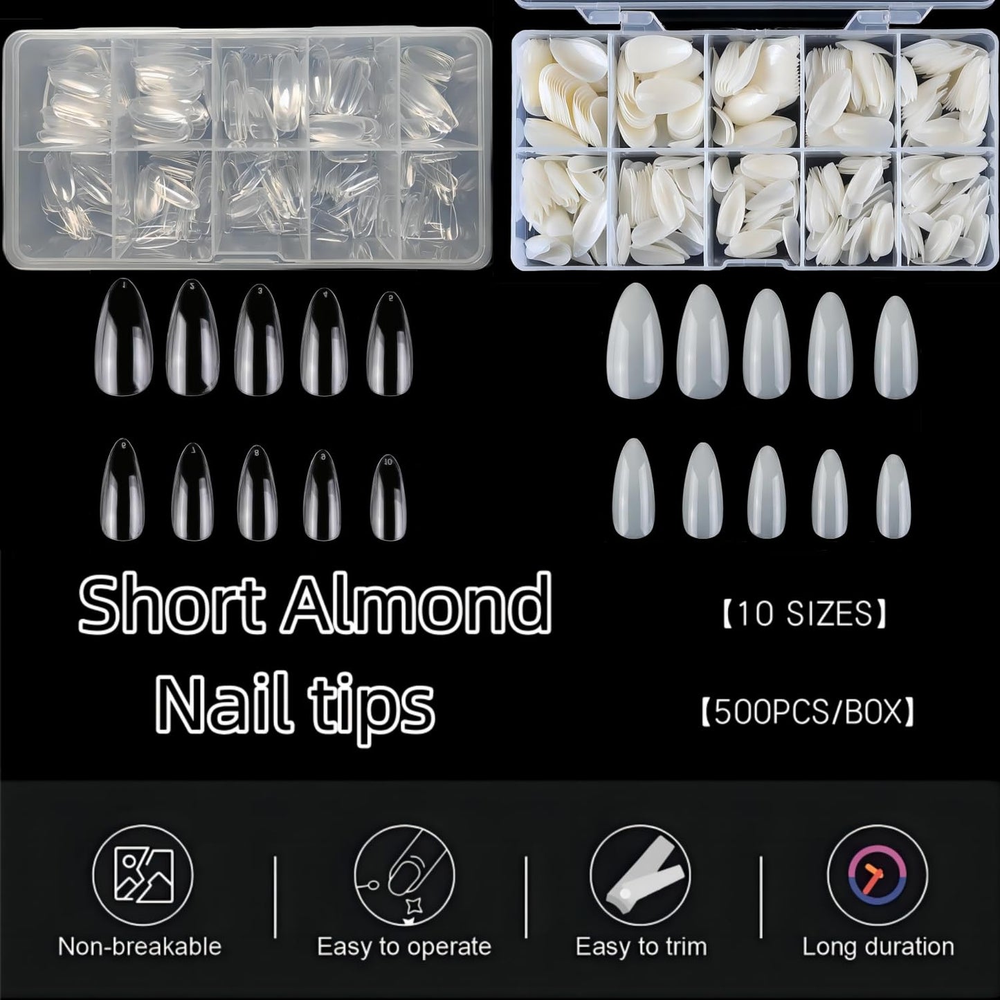 1000PCS Short Almond Nail Tips - Acrylic Nails Tips, ToouYoun 10 Sizes Soft Gel Full Cover Nail Tips with Box for Nail Art Salons and Home DIY-GlimoraGlow