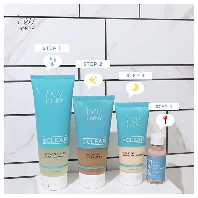 Hey Honey Skincare Be Clear Acne Routine | Daily Active Cleansing Face Wash | Youth & Young Adults, Blemishes Prone | Propolis & Gentle Exfoliating Acids | Fast & Long Lasting Oil Control | 5 fl oz-GlimoraGlow