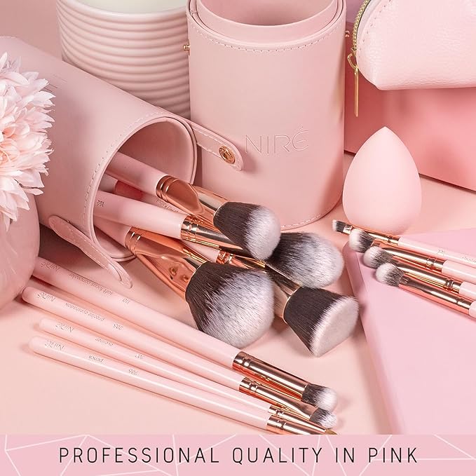 Niré Beauty 15piece Award Winning Pink Makeup Brushes: Pink Makeup Brush Set with Case, Makeup Sponge, Brush Cleaner, Guide, Gift Box-GlimoraGlow