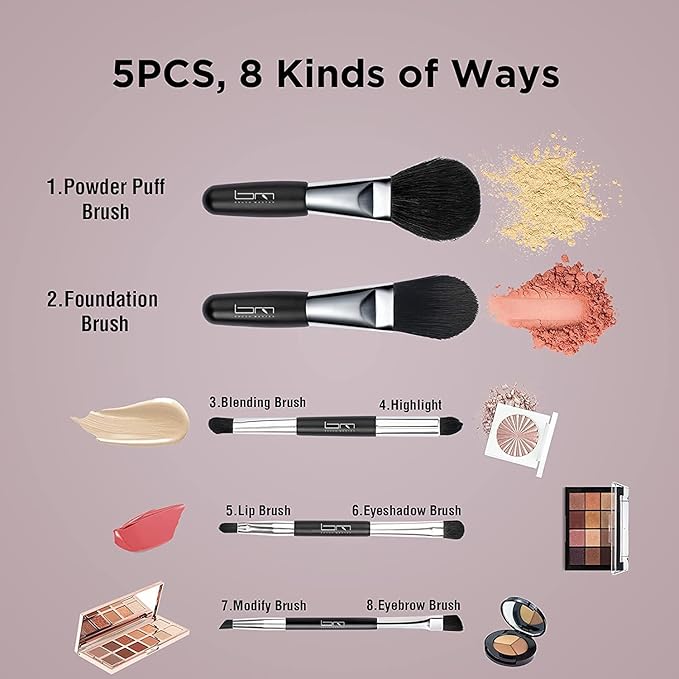 Travel Makeup Brushes Set w/Pouch, 5PCS Double Ended Portable Mini Cosmetic Brushes Kit for Foundation, Eyeshadow, Lip, Blush Make Up Brushes Professional(Black)-GlimoraGlow