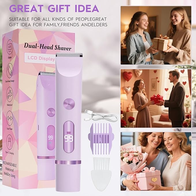 2025 Upgraded Dermave Bikini Shaver - 2 in 1 Bikini Trimmer for Women with LCD Display, Dual Head Cordless Electric Shaver, IPX7 Waterproof Wet/Dry Body Hair Trimmer for Face,Purple-GlimoraGlow