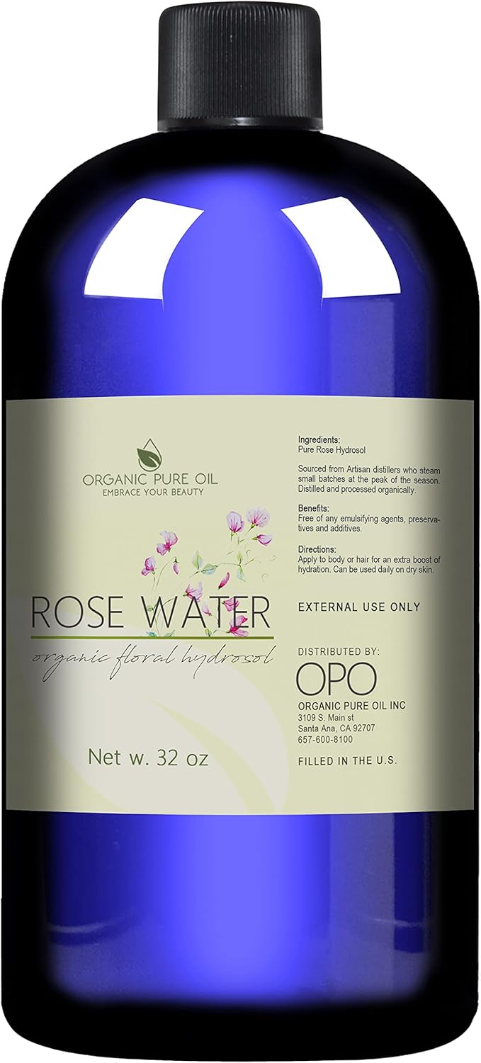 32 oz Rose Hydrosol Water – 100% Pure Rosewater Spray Mist Bulk – Hydrating Face Toner Rose Water for Skin and Hair Linen Spray for Sheets Room Freshener Body Spray Refill by Organic Pure Oil-GlimoraGlow