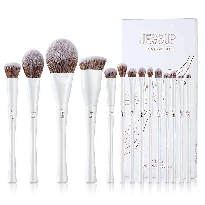 Jessup Makeup Brushes Set 14pcs Make up Brushes Premium Synthetic Foundation Concealer Blush Contour Powder Eye Shadow Blending Brush, Pearl White T343-GlimoraGlow
