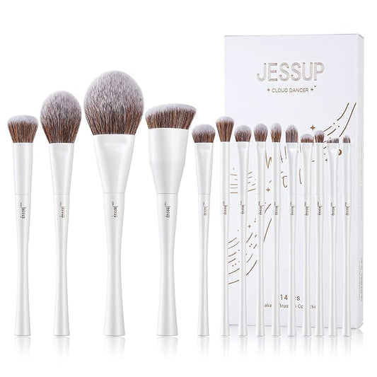 Jessup Makeup Brushes Set 14pcs Make up Brushes Premium Synthetic Foundation Concealer Blush Contour Powder Eye Shadow Blending Brush, Pearl White T343-GlimoraGlow
