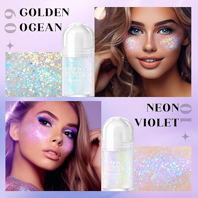 2 Colors Roll-on Body Glitter Gel, Holographic Glitter Gel Under Light for Face Hair, Body Shimmer for Rave Accessories Christmas New Year Halloween Makeup (9+10)-GlimoraGlow