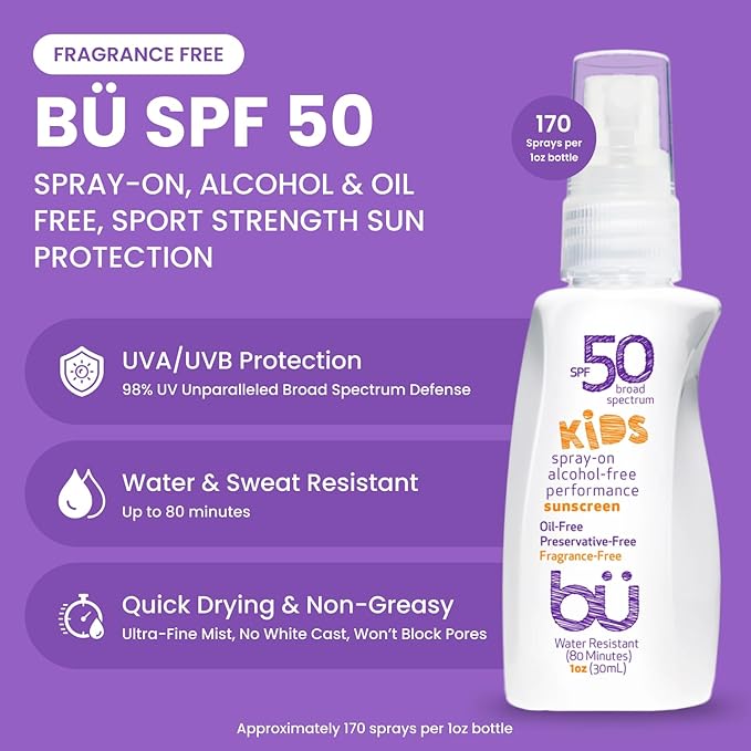 BU SPF 50 Kids Sunscreen Spray for Face and Body, Non Aerosol Spray, Fragrance Free, Clear, Non Greasy, Water Resistant, Fragrance Free 1 oz (3 Pack)-GlimoraGlow