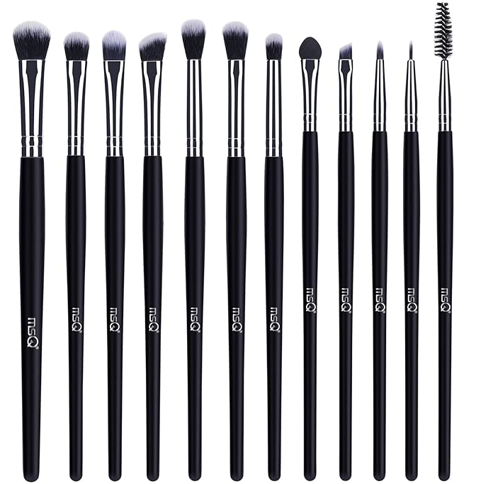 MSQ Eye Makeup Brushes 12pcs Eyeshadow Makeup Brushes Set with Soft Synthetic Hairs & Real Longer Wood Handle for Eyeshadow, Eyelash,Eyebrow, Eyeliner, Blending, Conclear(Black)-GlimoraGlow