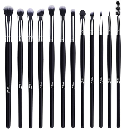 MSQ Eye Makeup Brushes 12pcs Eyeshadow Makeup Brushes Set with Soft Synthetic Hairs & Real Longer Wood Handle for Eyeshadow, Eyelash,Eyebrow, Eyeliner, Blending, Conclear(Black)-GlimoraGlow