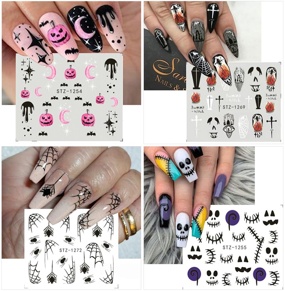 12 Sheets Halloween Nail Art Sticker Decals Horror Water Transfer Nails Foils Pumpkin Ghost Skull Spider Blood Evil Eye Halloween Design Nail Art Decoration Nail Slider Decal for Women DIY Nail Supply-GlimoraGlow