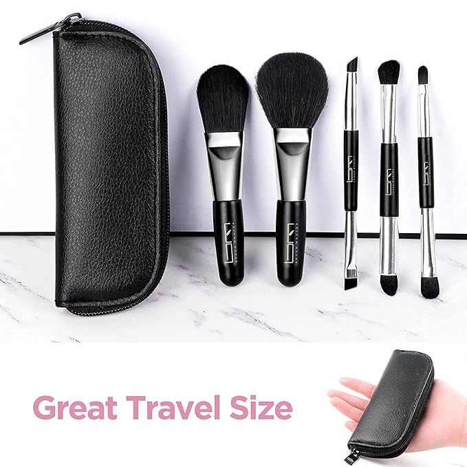 Travel Makeup Brushes Set w/Pouch, 5PCS Double Ended Portable Mini Cosmetic Brushes Kit for Foundation, Eyeshadow, Lip, Blush Make Up Brushes Professional(Black)-GlimoraGlow
