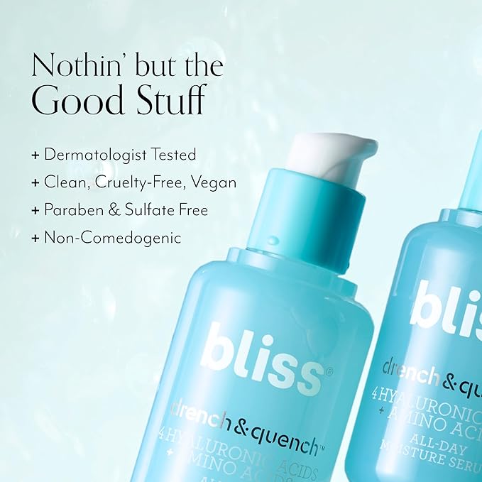 Bliss Hyaluronic Acid Drench & Quench Facial Serum – Hydrating Serum for Dry, Sensitive Skin - Lightweight Gel Formula for Deep Hydration & Plump Skin - Clean, Cruelty-Free - 1 Fl Oz-GlimoraGlow