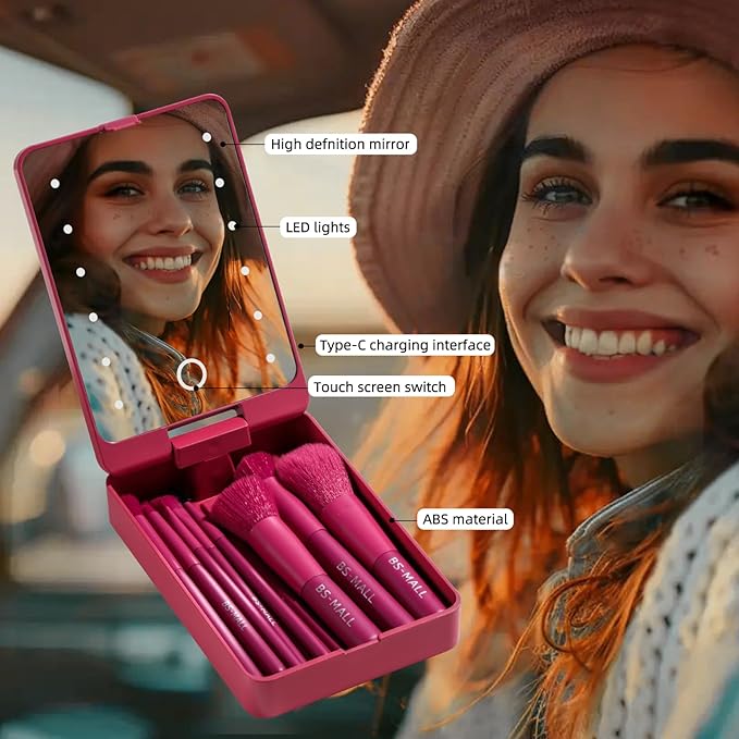 BS-MALL Travel Makeup Brush Set Foundation Powder Concealers Eye Shadows Makeup Set with LED light Mirror 14 Pcs (HotPink)-GlimoraGlow