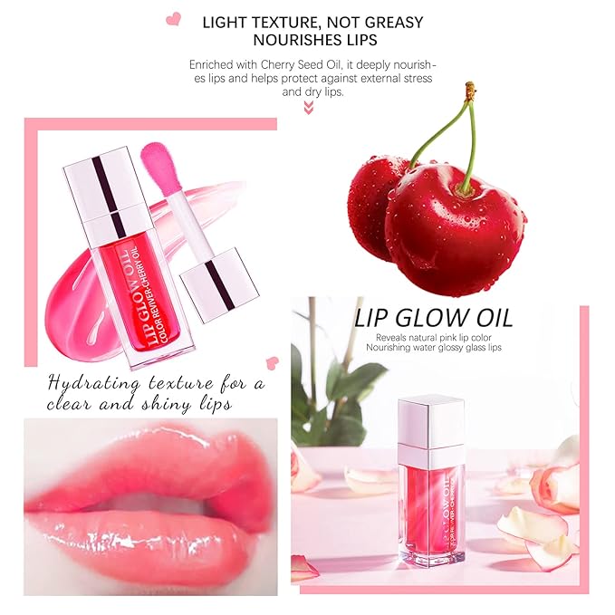 2 Set Lip Oil Hydrating Tinted Lip Balm, Plump Lip Gloss Lip Care Transparent Toot Lip Oil Tinted, Fresh Texture & Non-sticky, Nourishing Repairing Lightening Lip Lines Lip Care Products (Pink / Cherry)-GlimoraGlow