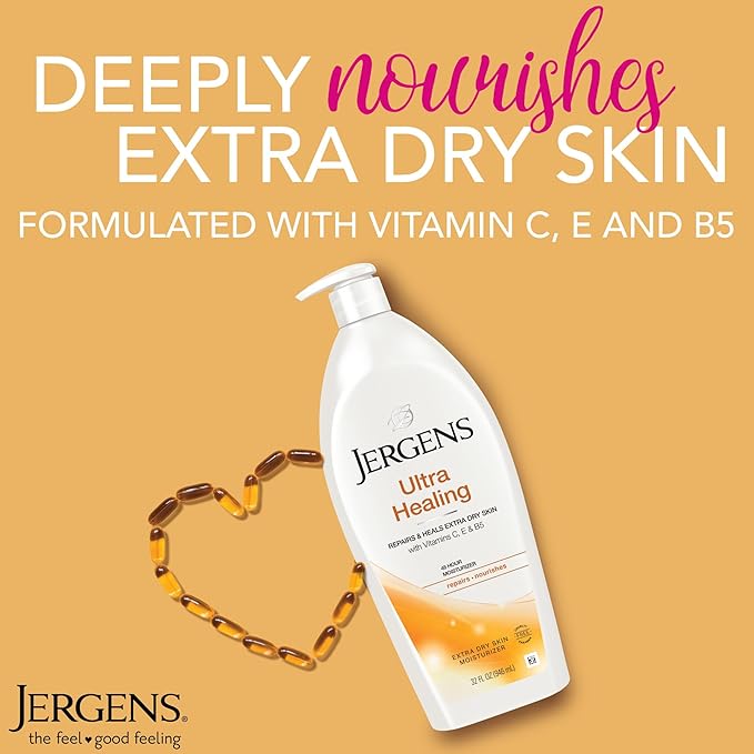 Jergens Ultra Healing Dry Skin Lotion, Hand and Body Moisturizer for Quick Absorption into Extra Dry Skin with Hydralucence Blend, Vitamins C, E and B5, White, 32oz-GlimoraGlow