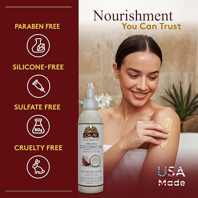 Okay 100% Pure Coconut Oil for Hair & Skin - Coconut Oil for Women & Men, Perfect for Body & Face, for Massage & Moisturizer, Natural - 6 Fl Oz Squeeze Bottle (Pack of 1)-GlimoraGlow