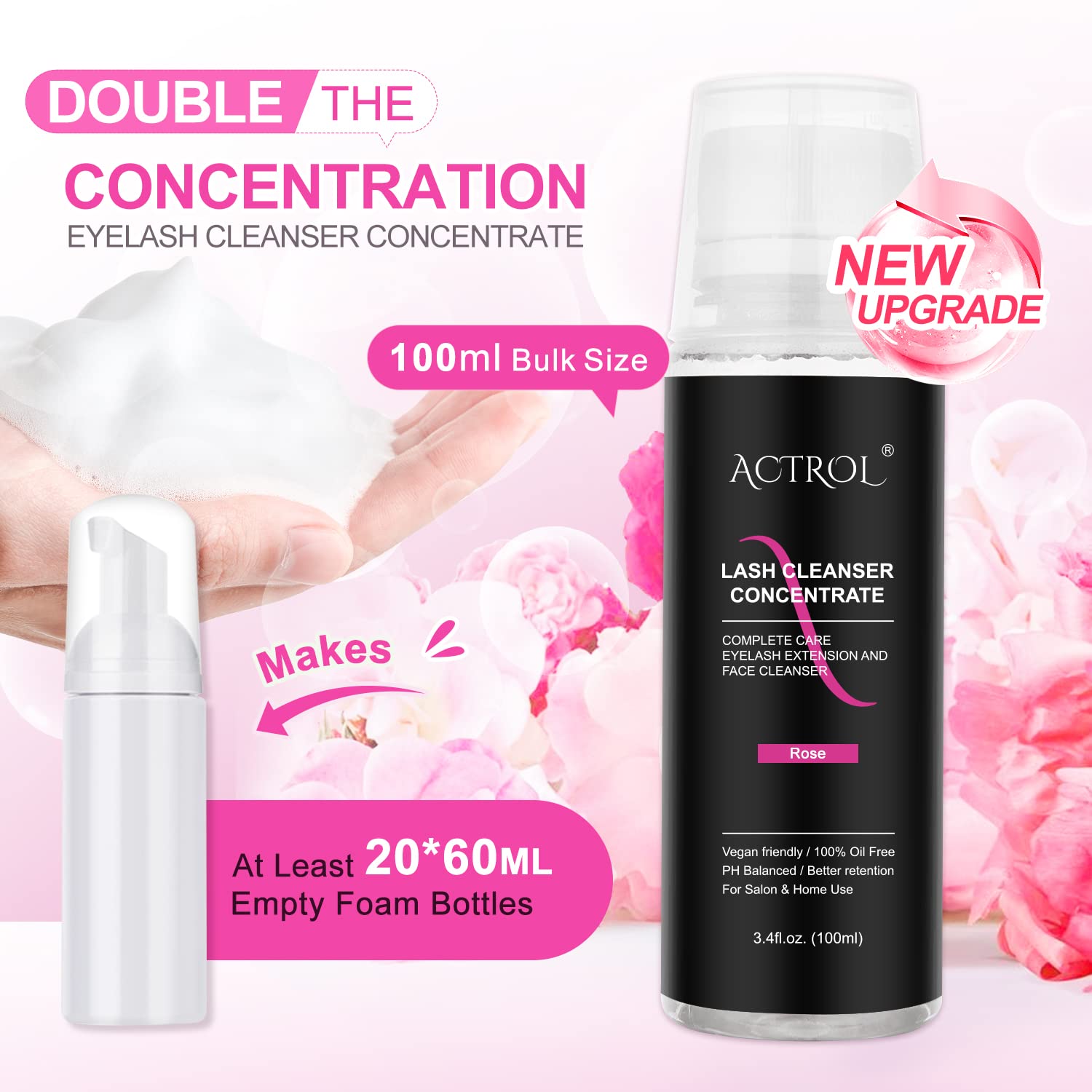 Eyelash Cleanser Concentrate 100ml Rose Professional Lash Shampoo Foaming Cleanser Paraben & Sulfate Free Non-lrritating Wash for Extensions Lashes with Salon Home Care-Makes 20 Bottles-GlimoraGlow