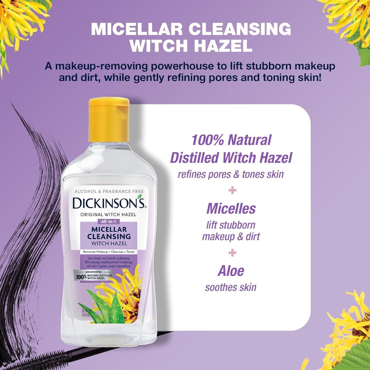 Dickinson's Micellar Cleansing Witch Hazel, An All-in-1 Makeup Remover, Pore Refiner, Skin Cleanser and Toner; Alcohol Free with Aloe, for Sensitive Skin, 16oz-GlimoraGlow