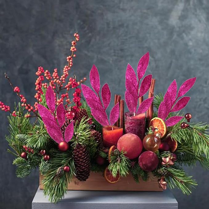 GREENTIME 12 Pack Artificial Rose Red Glitter Leaves 13" Fake Christmas Picks Decorative Glitter Sticks for Vase Christmas Tree DIY Wreath Crafts Fireplace Decor