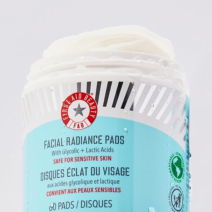 First Aid Beauty - Facial Radiance Pads with Glycolic & Lactic Acids, Daily Exfoliating Pads with AHA that Help Tone & Brighten Skin, One-Step Makeup Prep, Compostable for Daily Use, 60 ct-GlimoraGlow