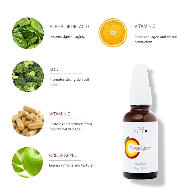 100% PURE Vitamin C Face Serum Hydrating Glow Skin Care with ALA Aloe + Vitamin E Oil - Daily Firming & Correcting Anti Aging Facial Moisturizer for Women & Men All Skin Types, Vegan - 1 Fl Oz-GlimoraGlow