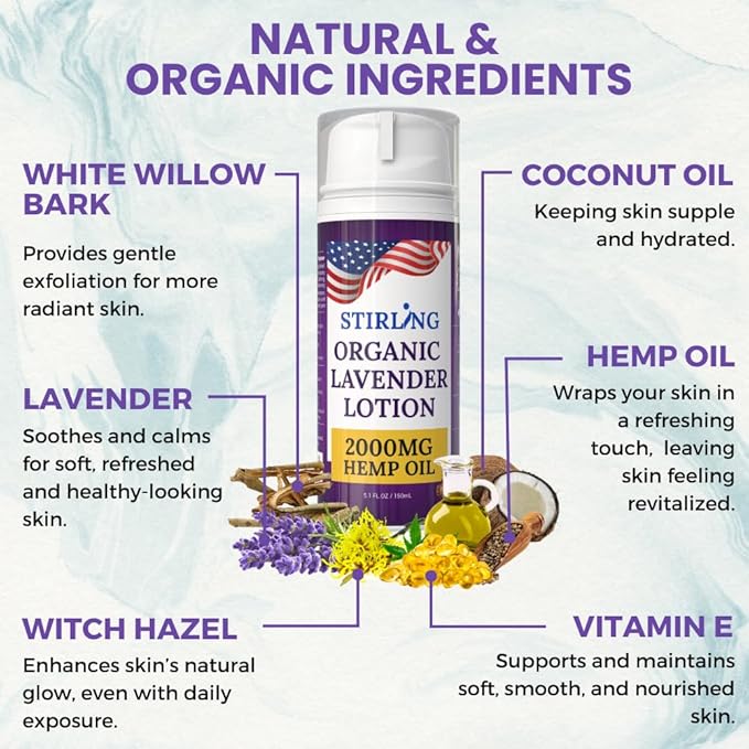 STIRLING Lavender Lotion – Organic Lavender with 2000mg Hemp Oil, Aloe Vera, and Vitamin E – Nourishing and Moisturizing Body Lotion for a Soft and Smooth Feel-GlimoraGlow