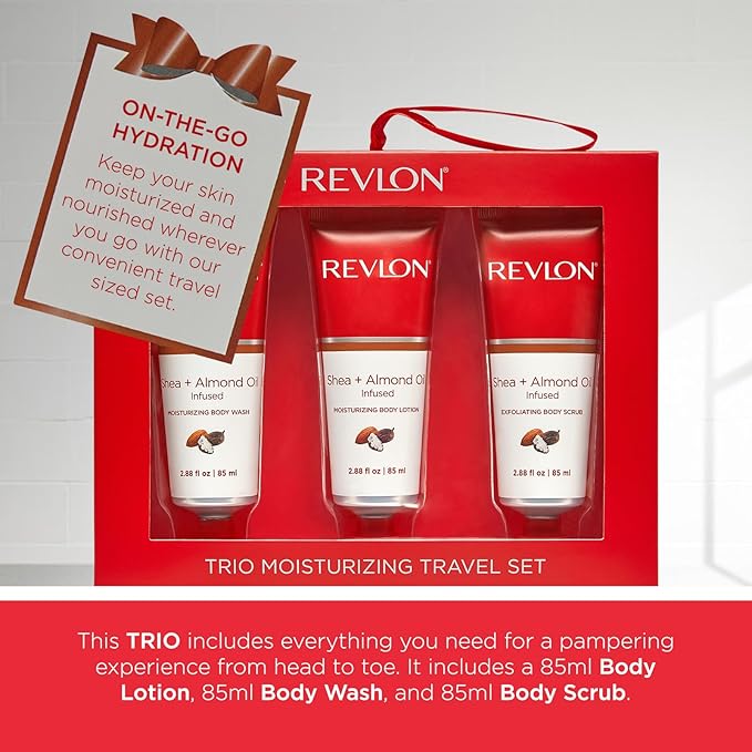 REVLON Get Carried Away Trio Moisturizing Travel Set, Shea Butter and Almond Oil Infused, Moisturizing Body Wash, Body Lotion, Exfoliating Body Scrub, 3 Count (2.88 fl oz)-GlimoraGlow