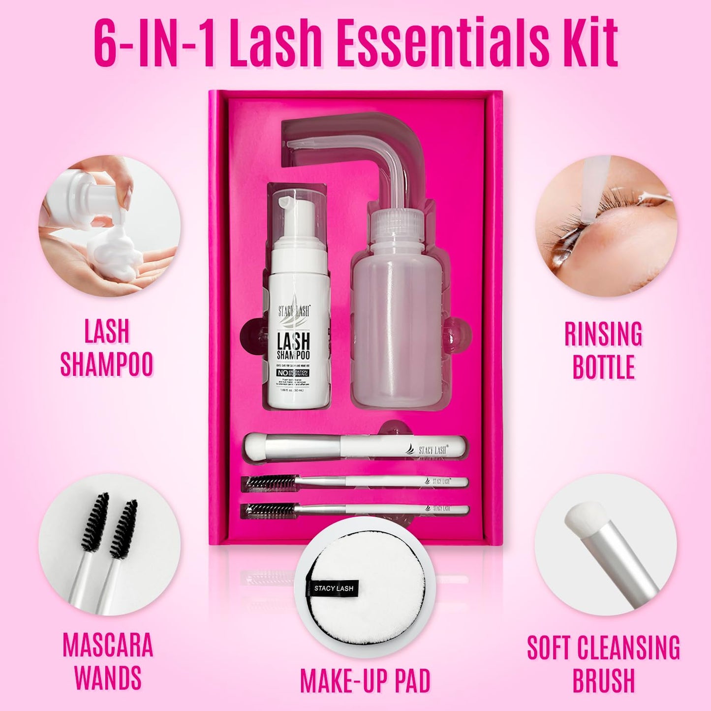 STACY LASH Lash Shampoo Kit Foaming Cleanser with Eye Lash Spoolies & Rinse Bottle & Cleansing Pad & Brush for Eyelash Extensions & Clusters & Natural Eyelashes-GlimoraGlow