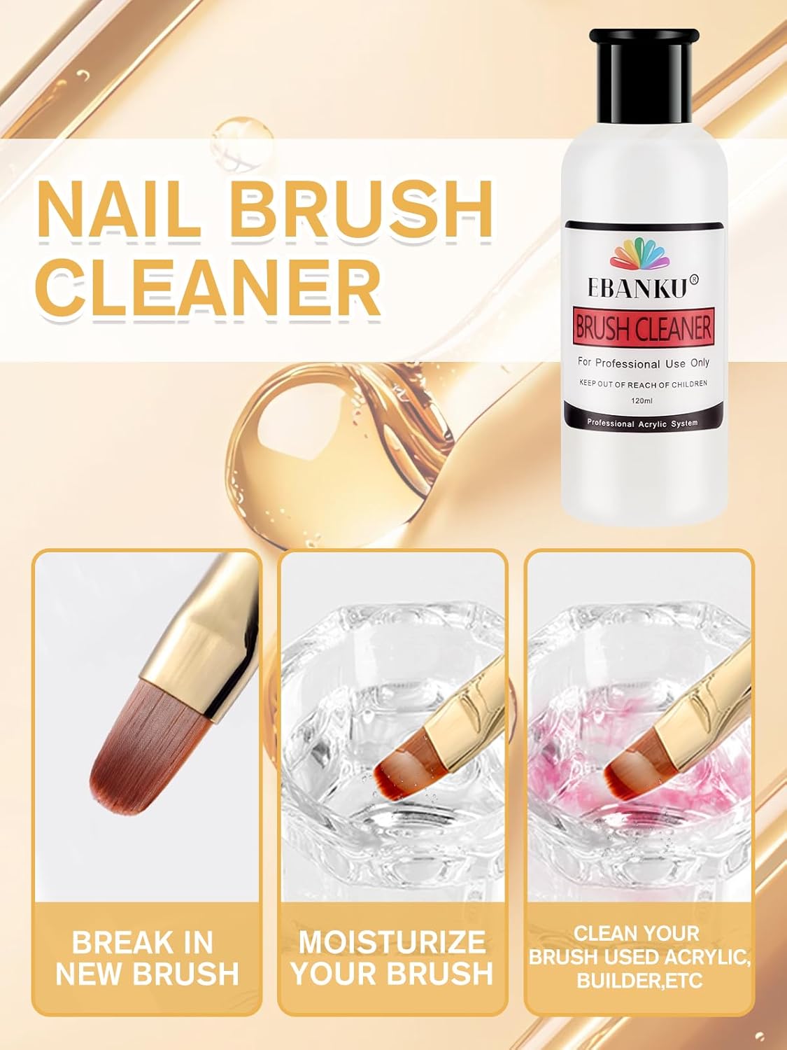 EBANKU 120ml Acrylic Nail Brush Cleaner, 3 in 1 Nail Art Brushes Conditioner Nail Brush Clean Solution Quickly Clean for Solid Gel Polish/Nail Extension Gel-GlimoraGlow