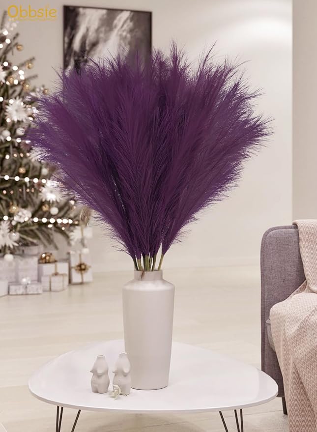 35" Faux Pampas Grass Decor, 8pcs Large Tall Fluffy Artificial Pompous Grass Branches Floral Fake Pompas Grass Bulrush Floor Vase Filler Flower Arrangement for Home Wedding Boho Decor, Purple