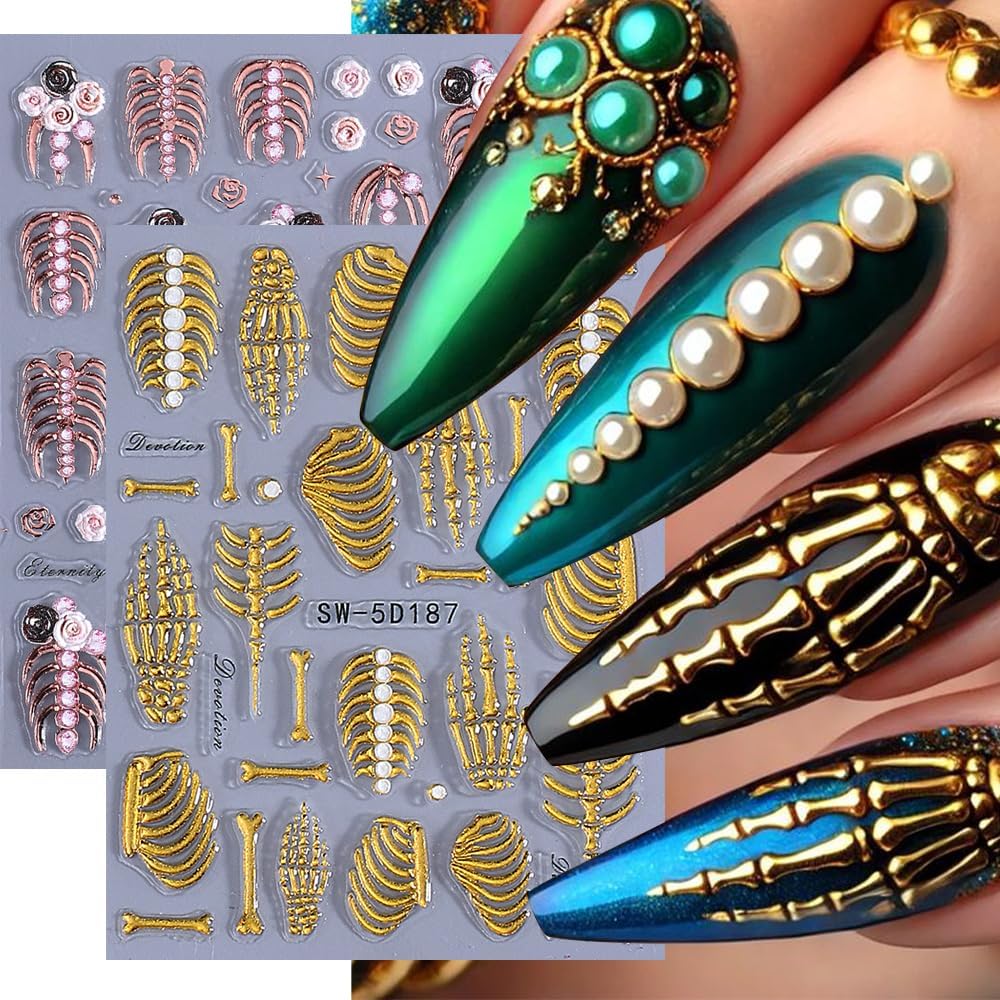 2 Sheets 5D Embossed Skull & Bone Nail Decals for Nail Art Self-Adhesive Halloween Nail Stickers Pink Hand Bone Rose Flower Nail Art Stickers Scary Gold Bones Design Decals for Women Nail Accessories-GlimoraGlow