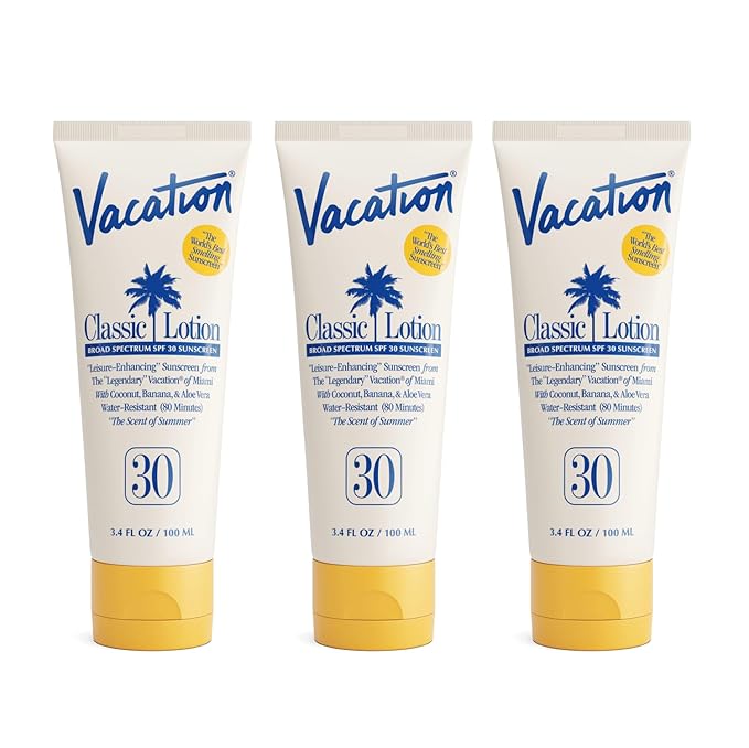 Vacation Classic Sunscreen Lotion SPF 30, Water-Resistant, Lightweight, Transparent on All Skin Tones, Dermatologist-Tested, Vegan, Travel Size, 3.4 Fl. Oz. (Value Pack of 3)-GlimoraGlow