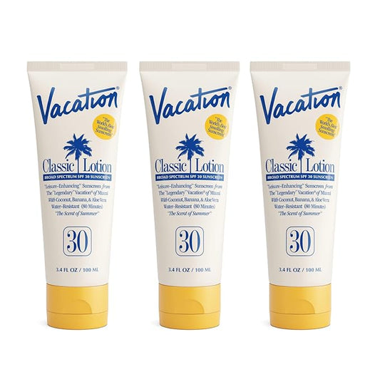 Vacation Classic Sunscreen Lotion SPF 30, Water-Resistant, Lightweight, Transparent on All Skin Tones, Dermatologist-Tested, Vegan, Travel Size, 3.4 Fl. Oz. (Value Pack of 3)-GlimoraGlow