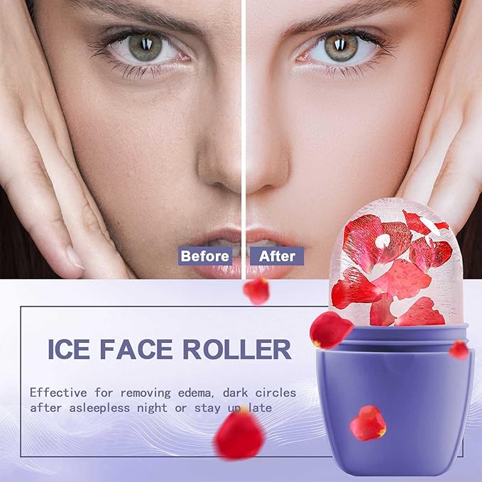 XHJRI Ice Face Roller Massager,Ice Cube Roller for Face, Eyes and Neck Naturally Conditioning and Skin Care,De-Puff Eye Bags,Reduce Migraine Pain,Reusable Massage Silicone Ice Mold (New Purple)-GlimoraGlow