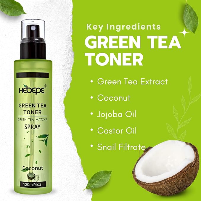Green Tea Matcha Facial Toner Mist with Coconut Water, Refreshing, and Soothing Face Toner, with Jojoba Oil, Castor Oil, Snail Filtrate,120ml-GlimoraGlow
